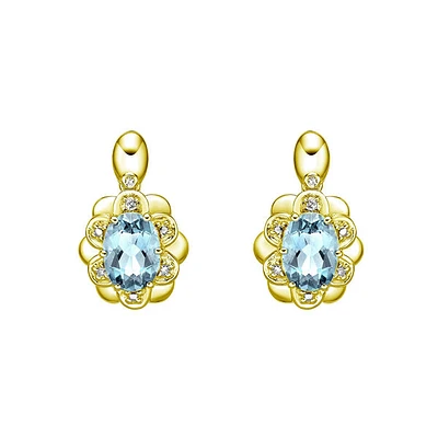 14K Yellow Gold Prong-set Aquamarine Earrings with Diamond Accent