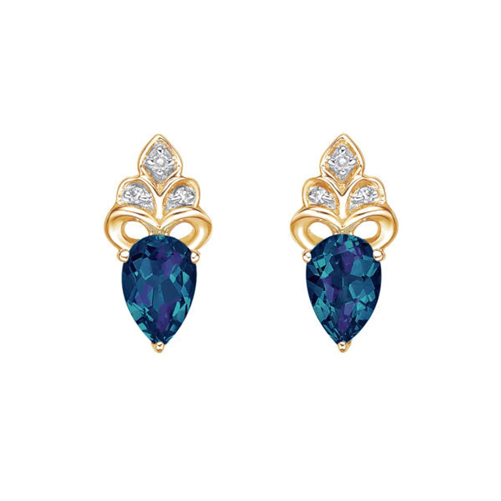 10K Gold 1.0cttw Created Alexandrite and 0.03cttw Diamond Earrings