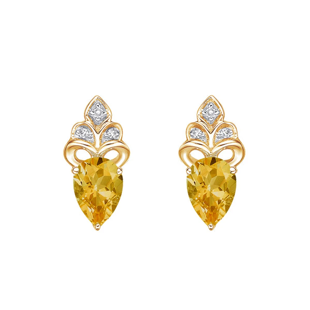 10K Yellow Gold Prong-set Citrine Earring with Diamond accent