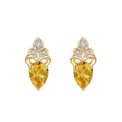 10K Yellow Gold Prong-set Citrine Earring with Diamond accent