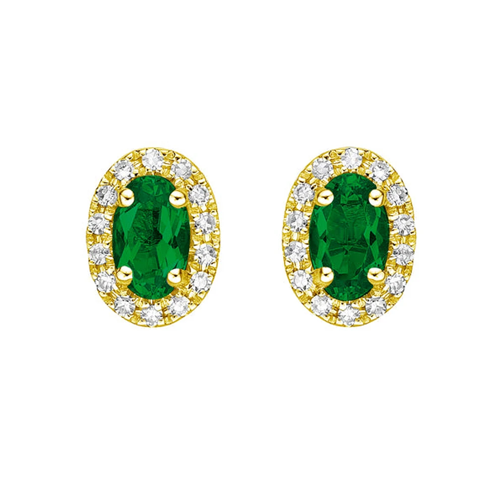 10K Gold Prong-set Emerald Earrings with Diamond Halo