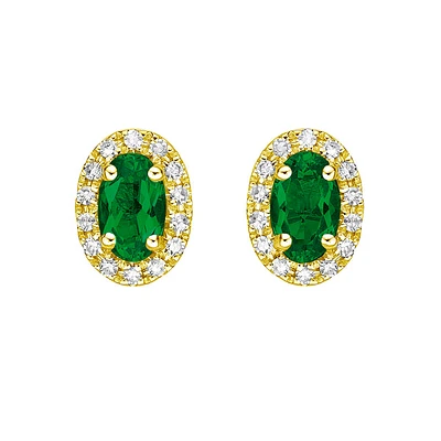10K Gold Prong-set Emerald Earrings with Diamond Halo