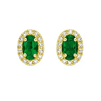 10K Gold Prong-set Emerald Earrings with Diamond Halo