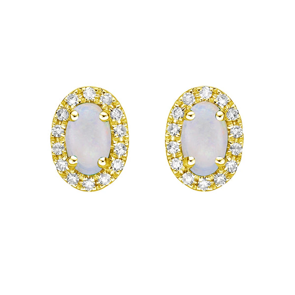 10K Yellow Gold Prong-set White Opal Earring with Diamond Halo