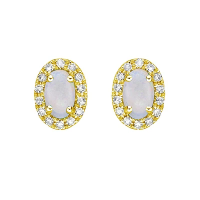 10K Yellow Gold Prong-set White Opal Earring with Diamond Halo