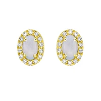 10K Yellow Gold Prong-set White Opal Earring with Diamond Halo