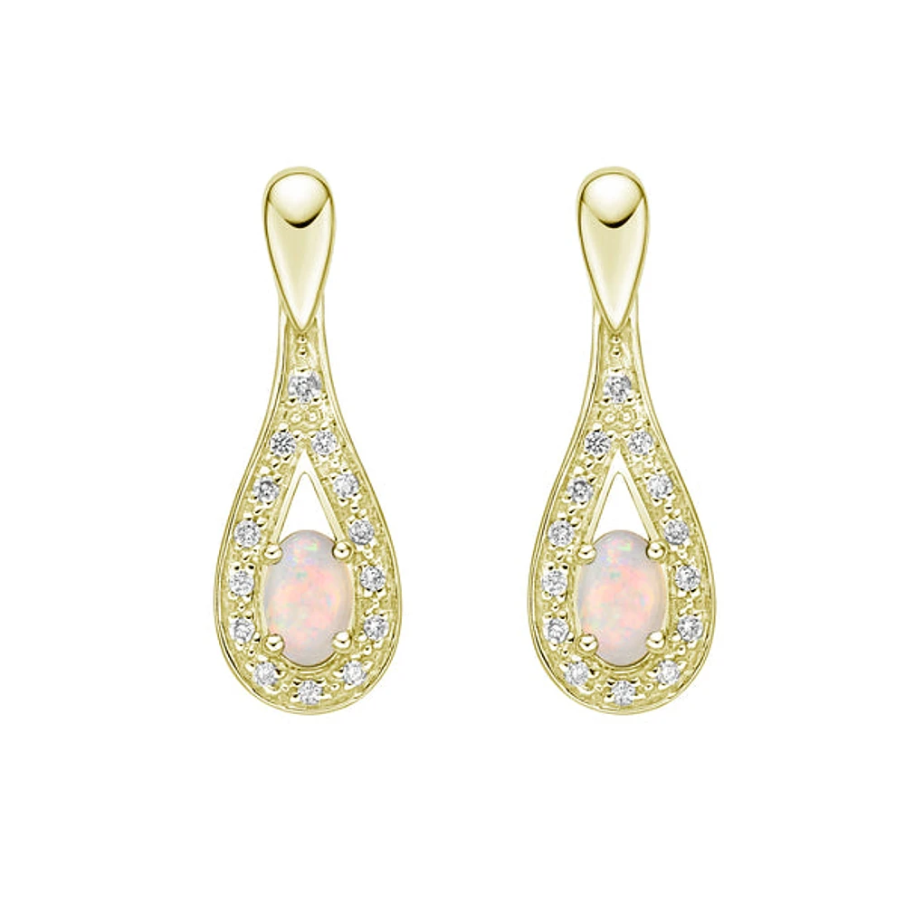 10K Yellow Gold Prong-set White Opal Earrings with Diamond Halo