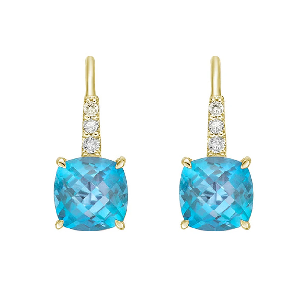 10K Yellow Gold Blue Topaz Earrings with Diamond Accent