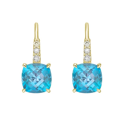 10K Yellow Gold Blue Topaz Earrings with Diamond Accent