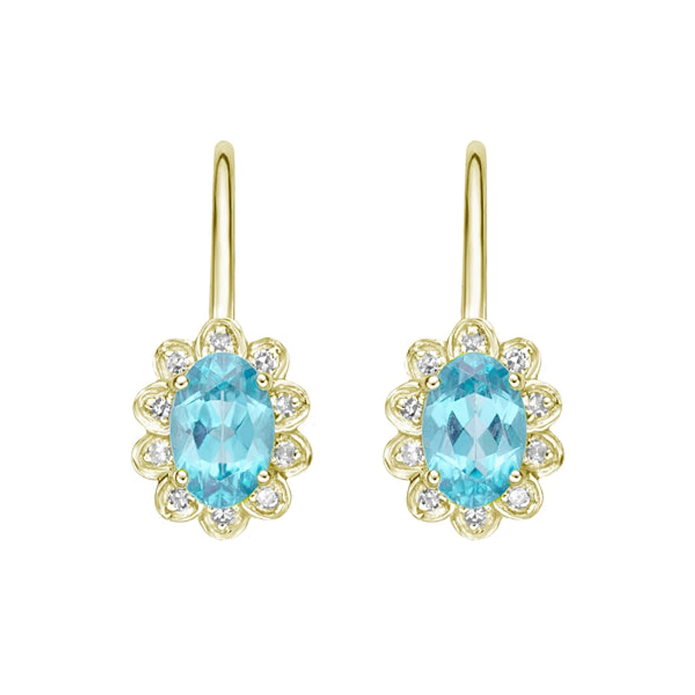 10K Yellow Gold Prong-set Blue Topaz Earrings with Diamond Halo
