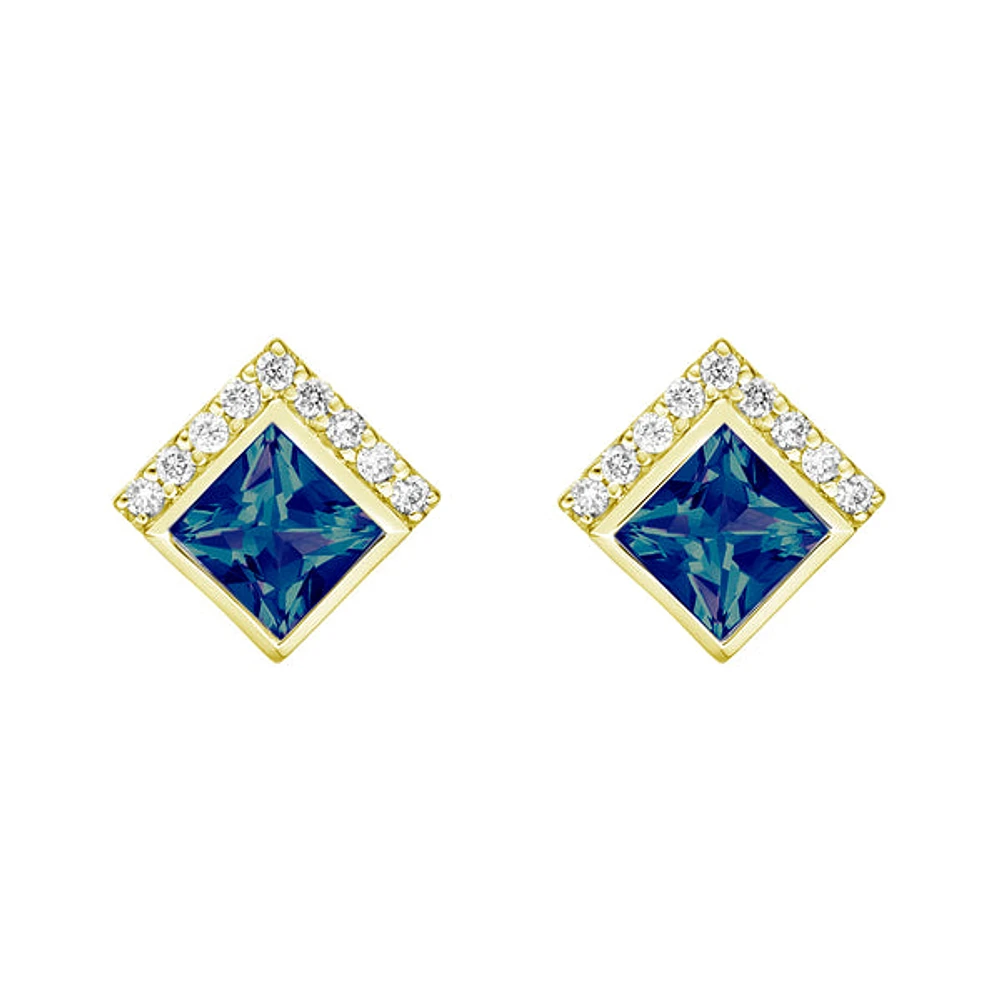 10K Yellow Gold Created Alexandrite Earrings with Diamonds
