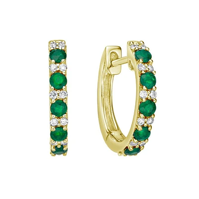 10K Yellow Gold Classic Emerald & Diamond Hoop Earrings
