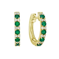 10K Yellow Gold Classic Emerald & Diamond Hoop Earrings