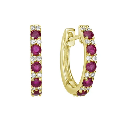 10K Yellow Gold Classic Ruby & Diamond Hoop Earrings