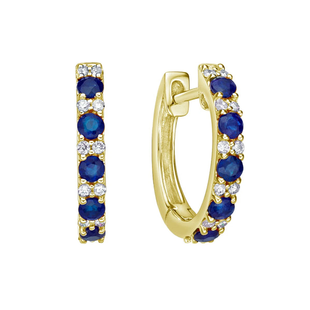 10K Yellow Gold Classic Sapphire & Diamond Hoop Earrings