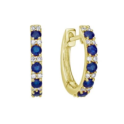 10K Yellow Gold Classic Sapphire & Diamond Hoop Earrings