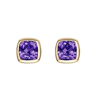 10K Yellow Gold Bezel-set Cushion Amethyst Stud Earrings