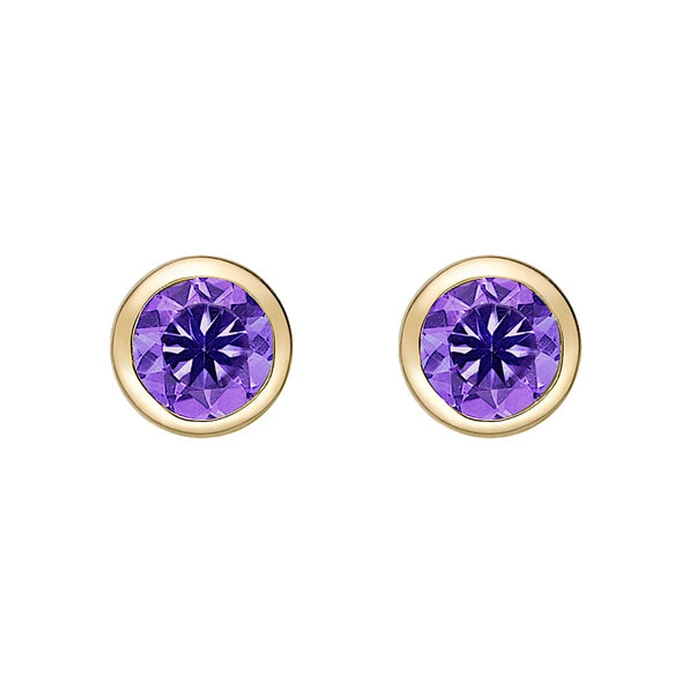 10K Yellow Gold Bezel-set Round Amethyst Stud Earrings