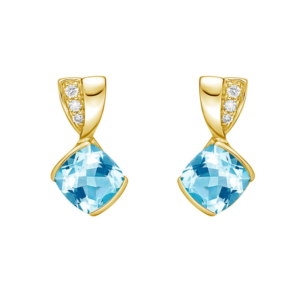 10K Yellow Gold Contemporary half channel bBlue Topaz Earrings with Diamond Accent