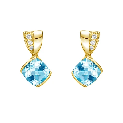 10K Yellow Gold Contemporary half channel bBlue Topaz Earrings with Diamond Accent