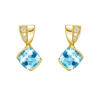 10K Yellow Gold Contemporary half channel bBlue Topaz Earrings with Diamond Accent