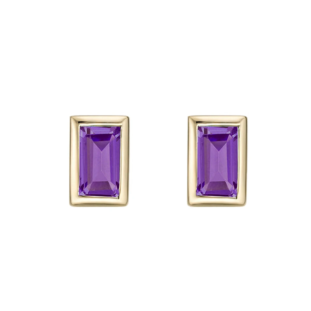 10K Yellow Gold Bezel-set Baguette Amethyst Stud Earrings