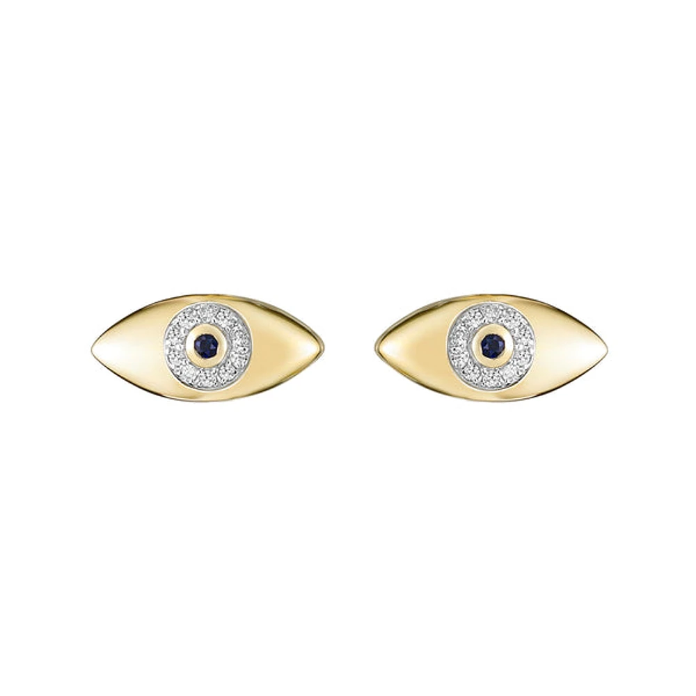 10K Yellow Gold Pave-set Blue Sapphire & Diamond Evil Eye Earrings