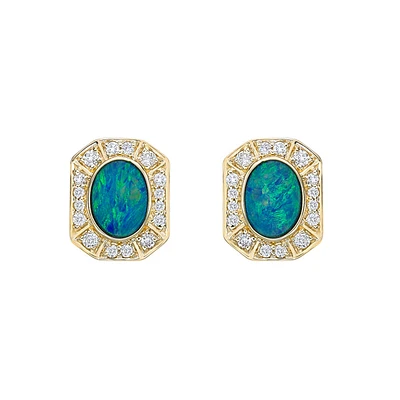 10K Yellow Gold Bezel-set Australian Opal Doublet Earrings with Diamond Halo