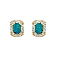 10K Yellow Gold Bezel-set Australian Opal Doublet Earrings with Diamond Halo