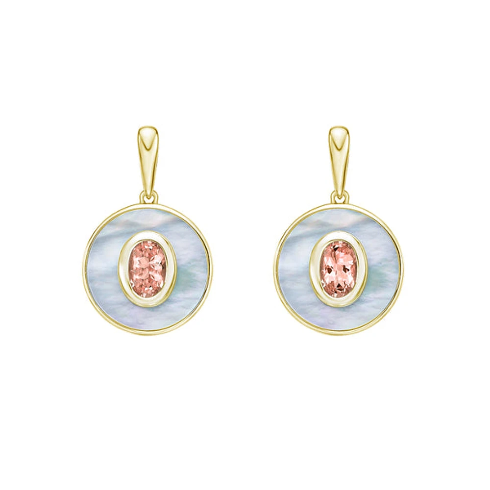 10K Yellow Gold Morganite and Mother of Pearl Earrings