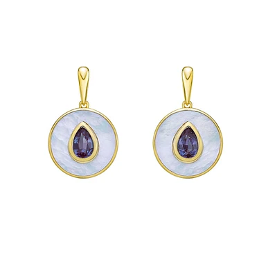10K Gold Created Alexandrite and Mother of Pearl Earrings