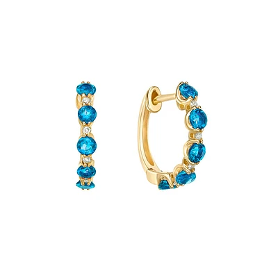 10K Yellow Gold Prong-set Blue Topaz & Diamond Hoop Earrings