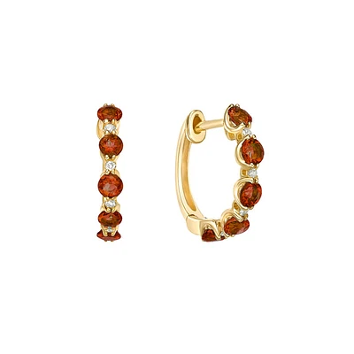 10K Yellow Gold Prong-set Garnet & Diamond Hoop Earrings