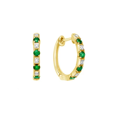 10K Yellow Gold Classic Round Emerald & Diamond Hoop Earrings
