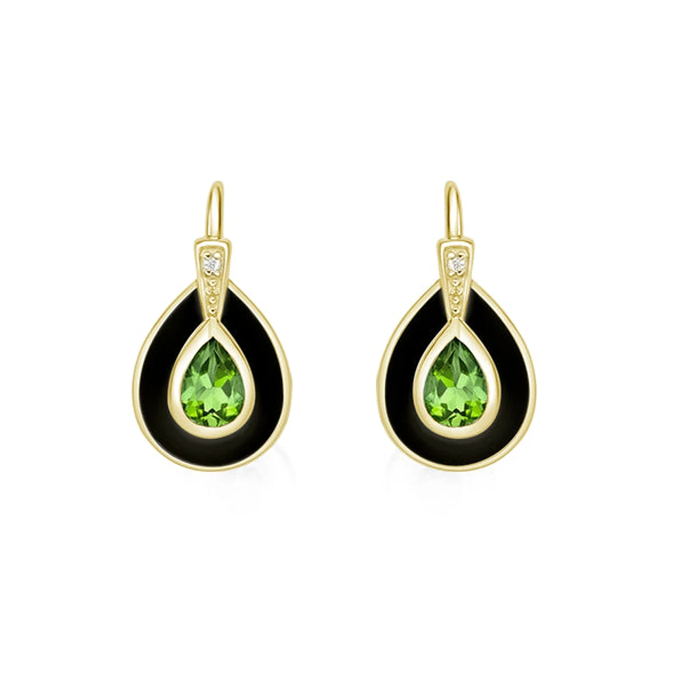 10K Yellow Gold Peridot and Diamond Earrings with Enamel