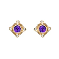 10K Yellow Gold Bezel-set Round Amethyst Earrings with Diamond Accent