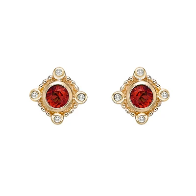 10K Yellow Gold Bezel-set Garnet Earrings with Diamond Accent