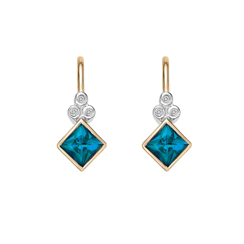 10K Yellow Gold Bezel-set lon Blue Topaz Earrings with Diamond Accent
