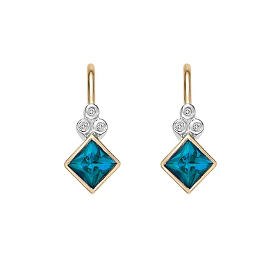 10K Yellow Gold Bezel-set lon Blue Topaz Earrings with Diamond Accent