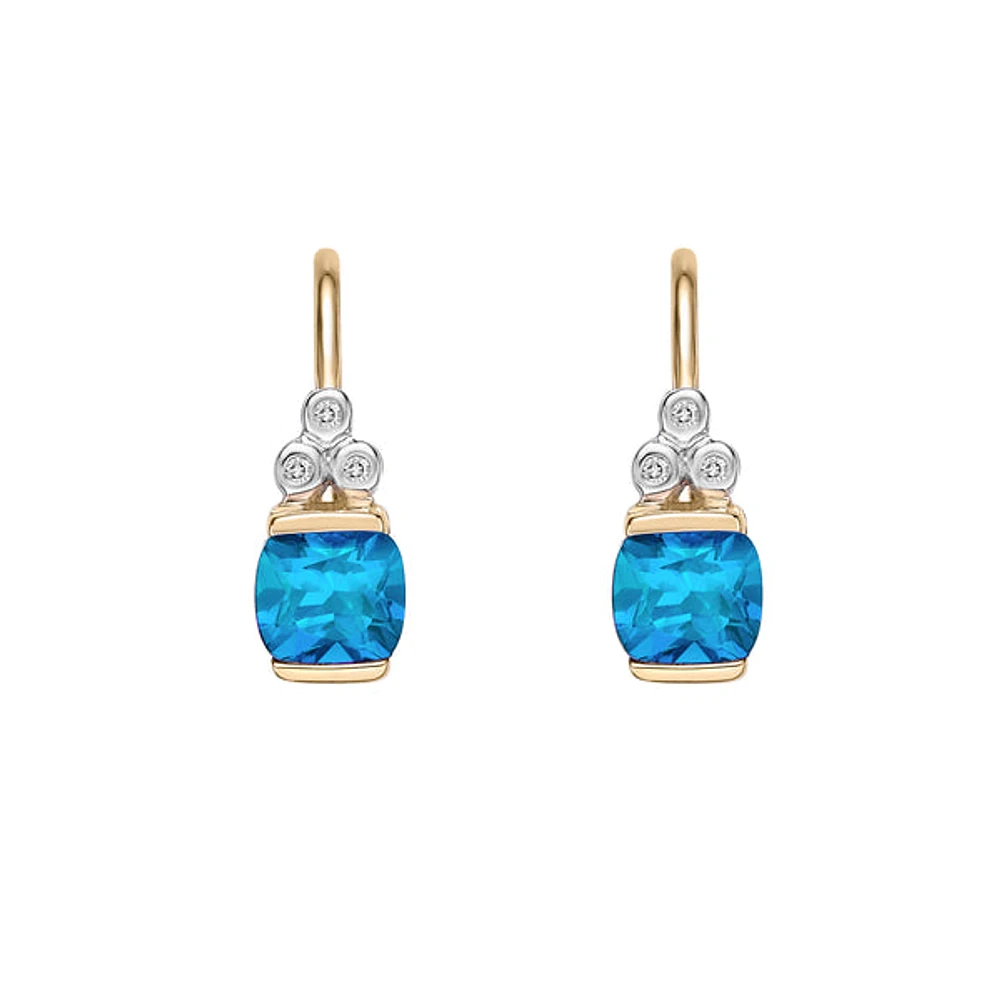 10K Yellow Gold Half channel-set Swiss Blue Topaz Earrings with Diamond Accent