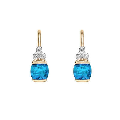 10K Yellow Gold Half channel-set Swiss Blue Topaz Earrings with Diamond Accent