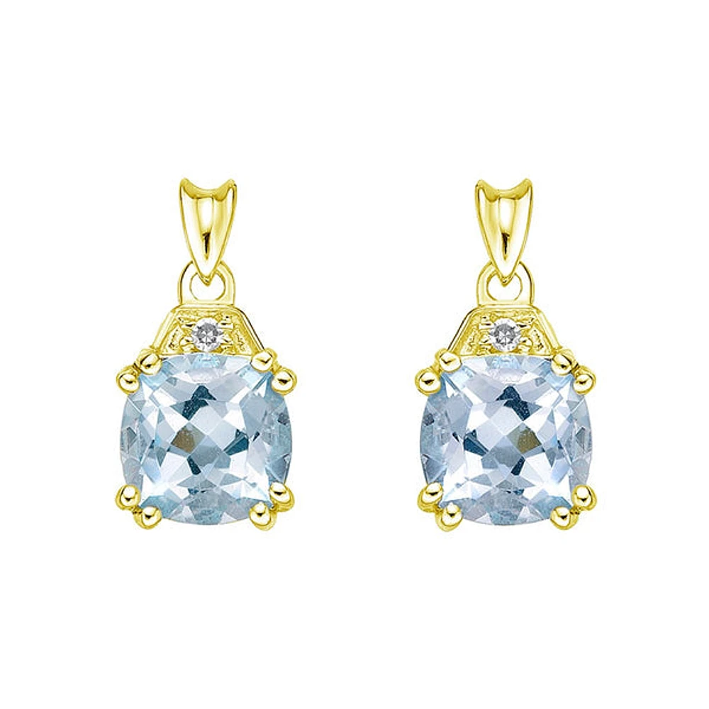 10K Yellow Gold Prong-set Aquamarine Earrings with Diamond Accent