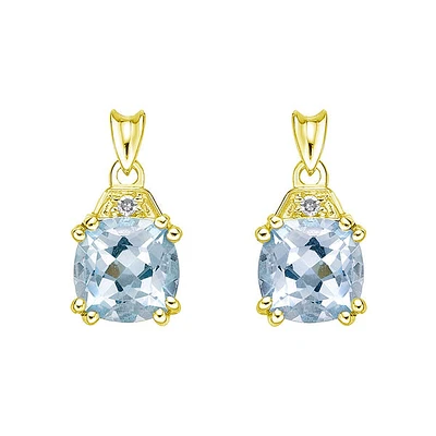 10K Yellow Gold Prong-set Aquamarine Earrings with Diamond Accent