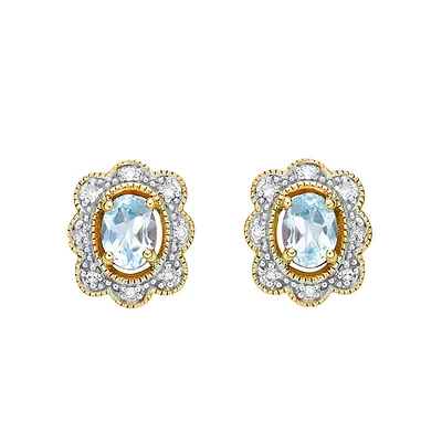 10K Yellow Gold Aquamarine Earrings with Diamond Halo