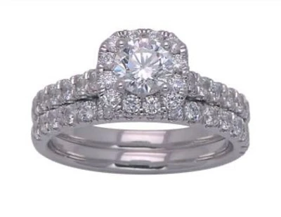 14K Gold 1.75cttw Natural Diamond Halo Engagement and Wedding Band Set - /