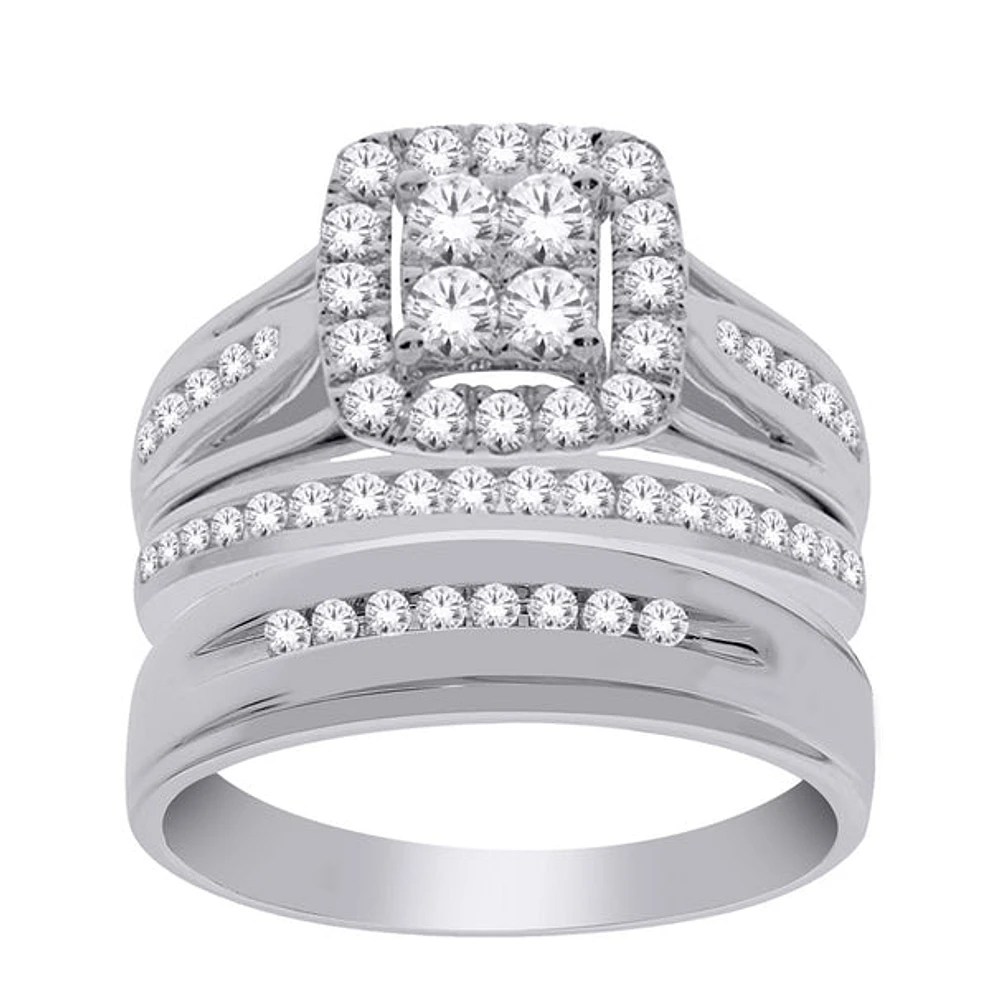 14K Gold 1.00cttw Natural Diamond Halo Engagement and Wedding Band Set Includes Third - /