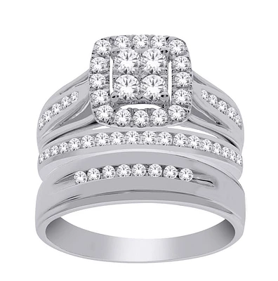 14K Gold 1.00cttw Natural Diamond Halo Engagement and Wedding Band Set Includes Third - /