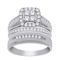 14K Gold 1.00cttw Natural Diamond Halo Engagement and Wedding Band Set Includes Third - /