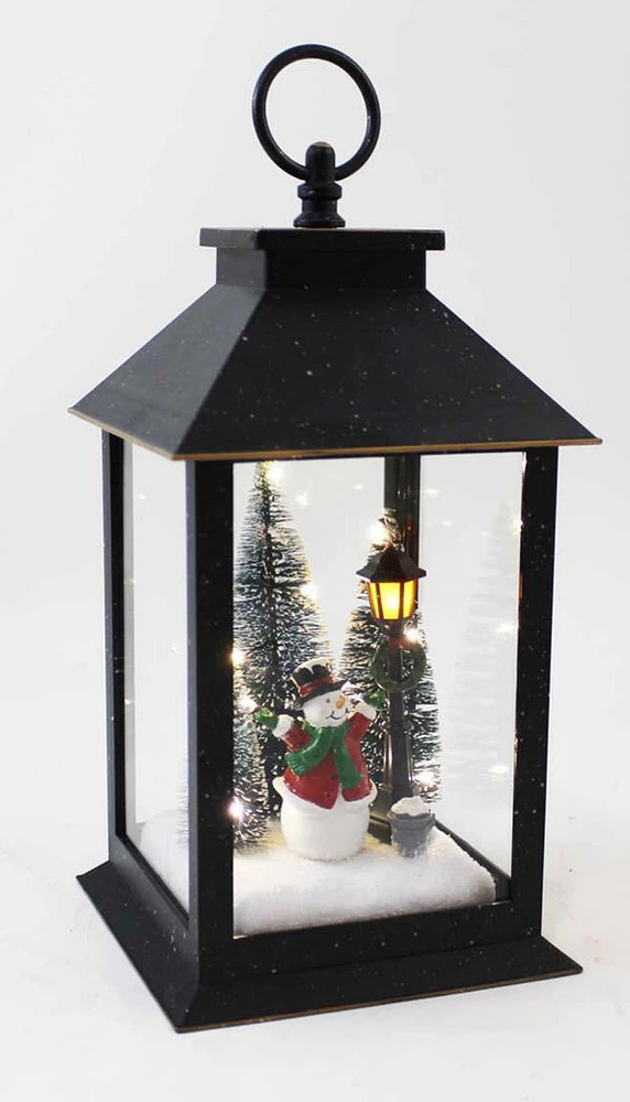 Black Lantern with Snowman Christmas Scene
