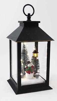 Black Lantern with Snowman Christmas Scene